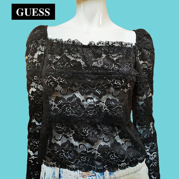 GUESS NEW Romantic Allover Lace Scallop Off-Shoulders Crop Top L - Picture 8 of 12